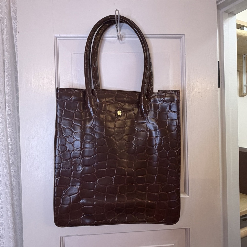 NEW 90s Ralph Lauren Safari Croc-Embossed Faux Leather Tote Bag Luggage Brown